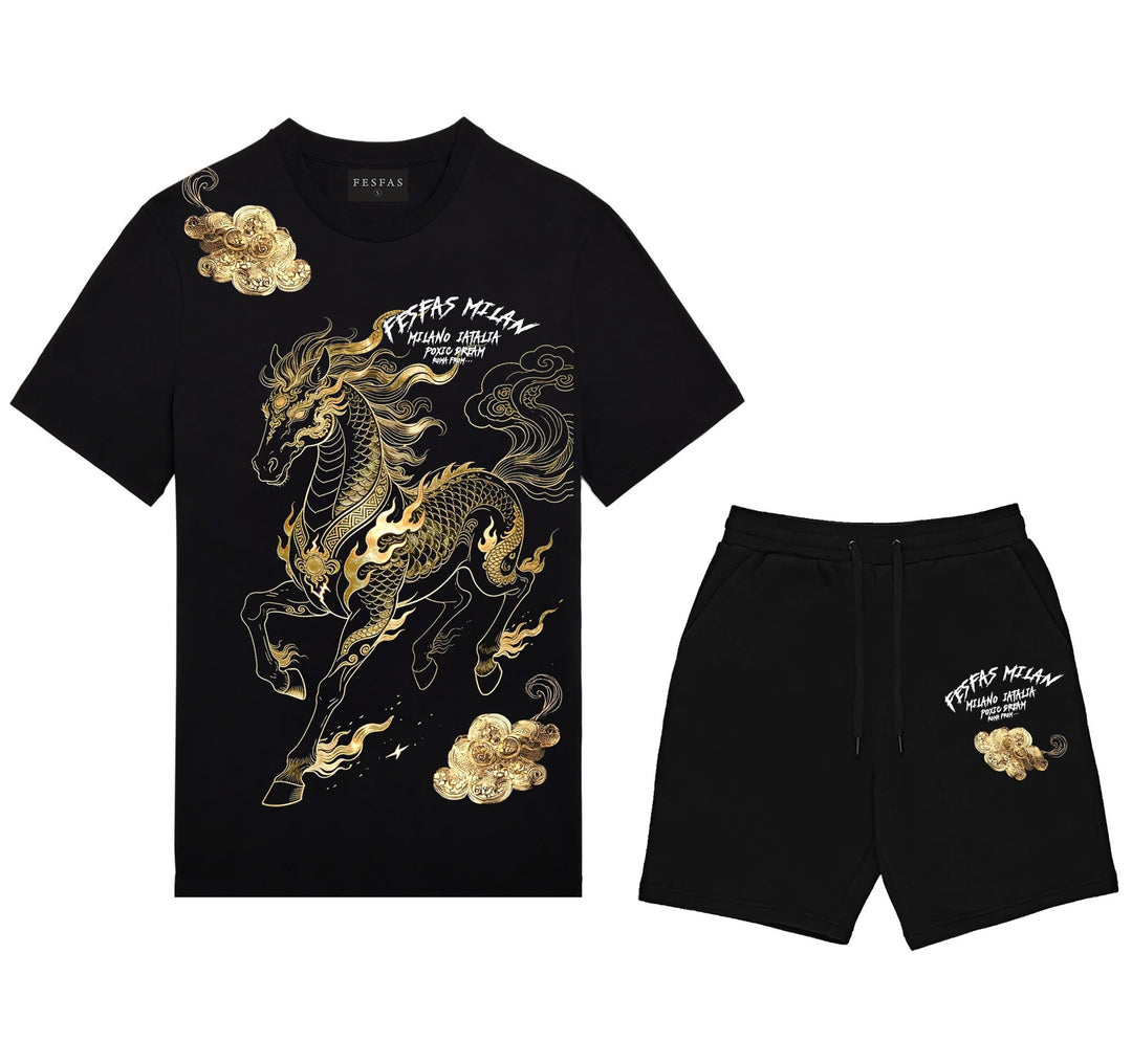 FesFas golden horse-print T-shirt Set | Black | Men