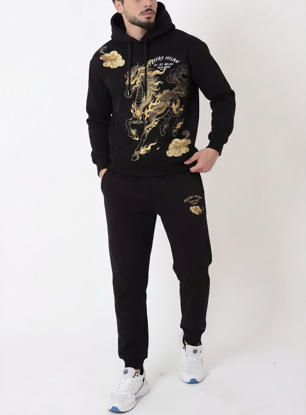 FesFas golden horse-print Hoodie | Black | Men
