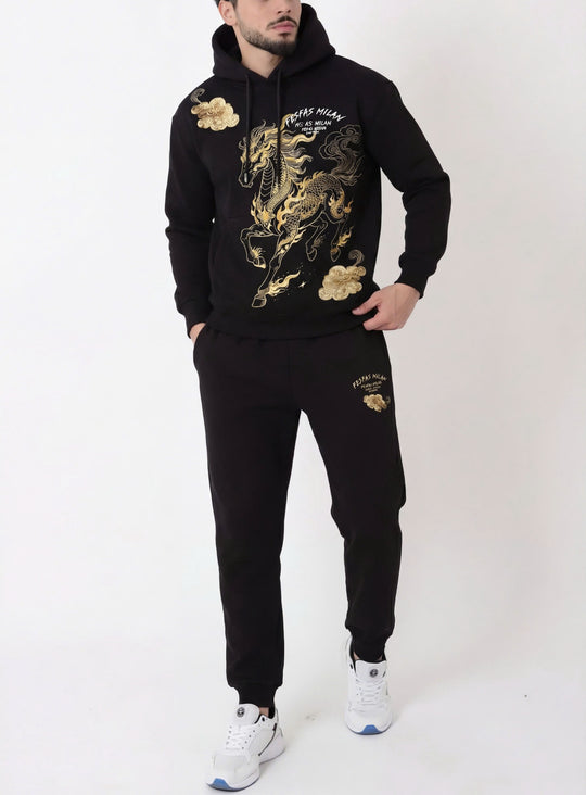 FesFas golden horse-print Hoodie Set | Black | Men